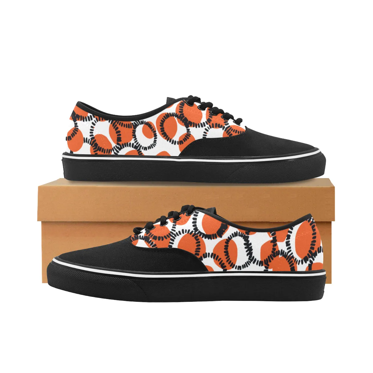 Men's Orange Black Polka Print Canvas Low Top Shoes (Black)