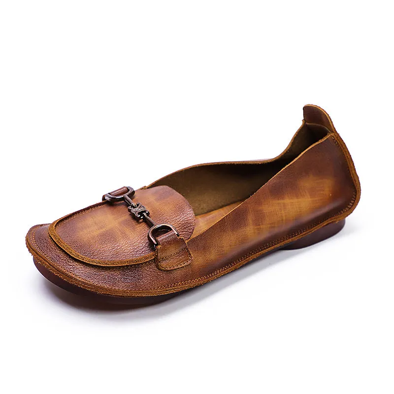 Original Design Handmade Brush Off Leather Loafers Horsebit-Detailed in Brown/Caramel