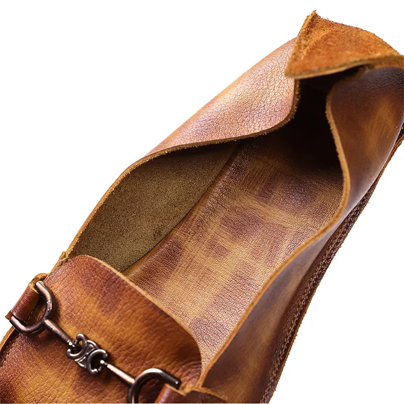 Original Design Handmade Brush Off Leather Loafers Horsebit-Detailed in Brown/Caramel