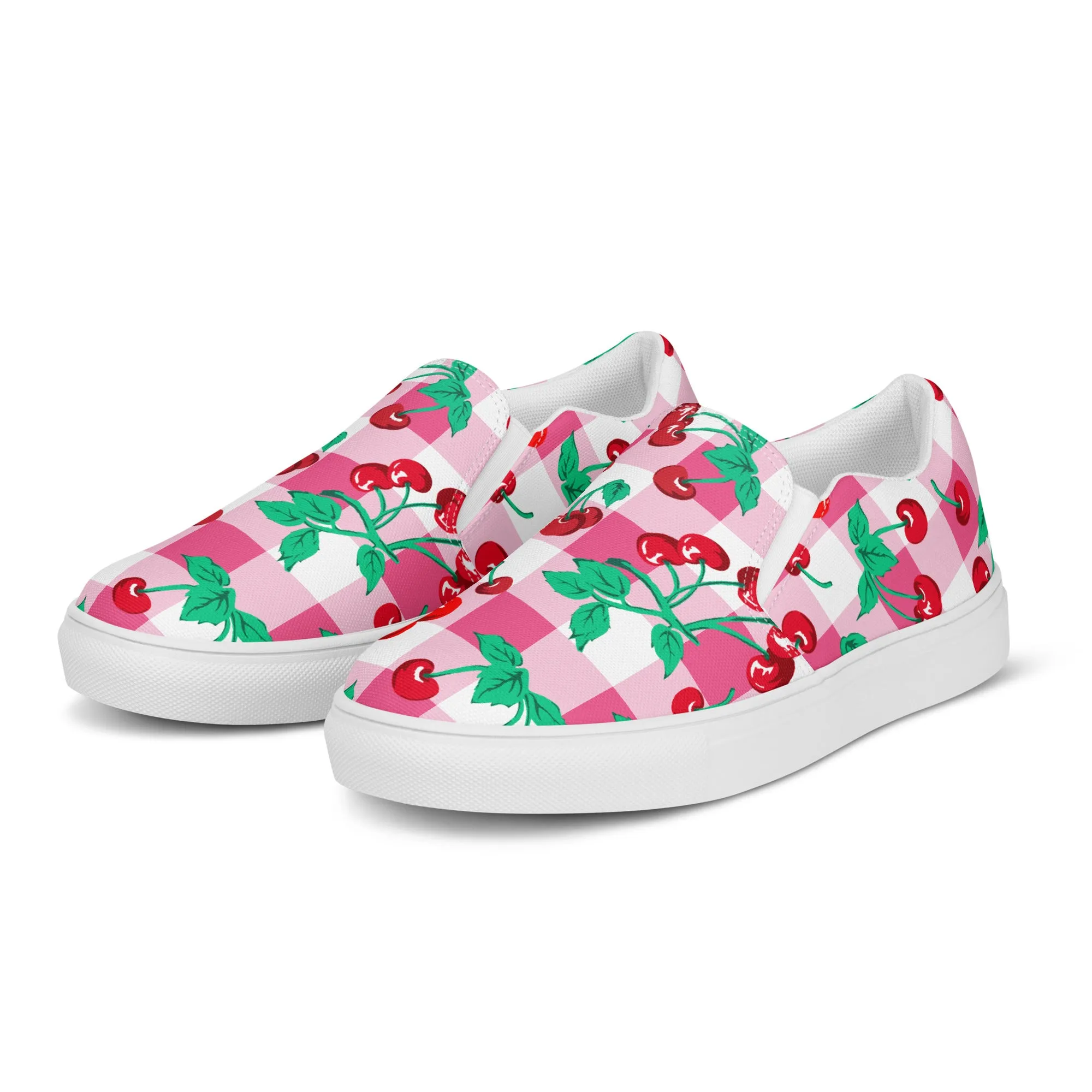 Pink Gingham Cherry Girl Women’s Canvas Slip-on Deck Shoes | Pinup Couture Relaxed