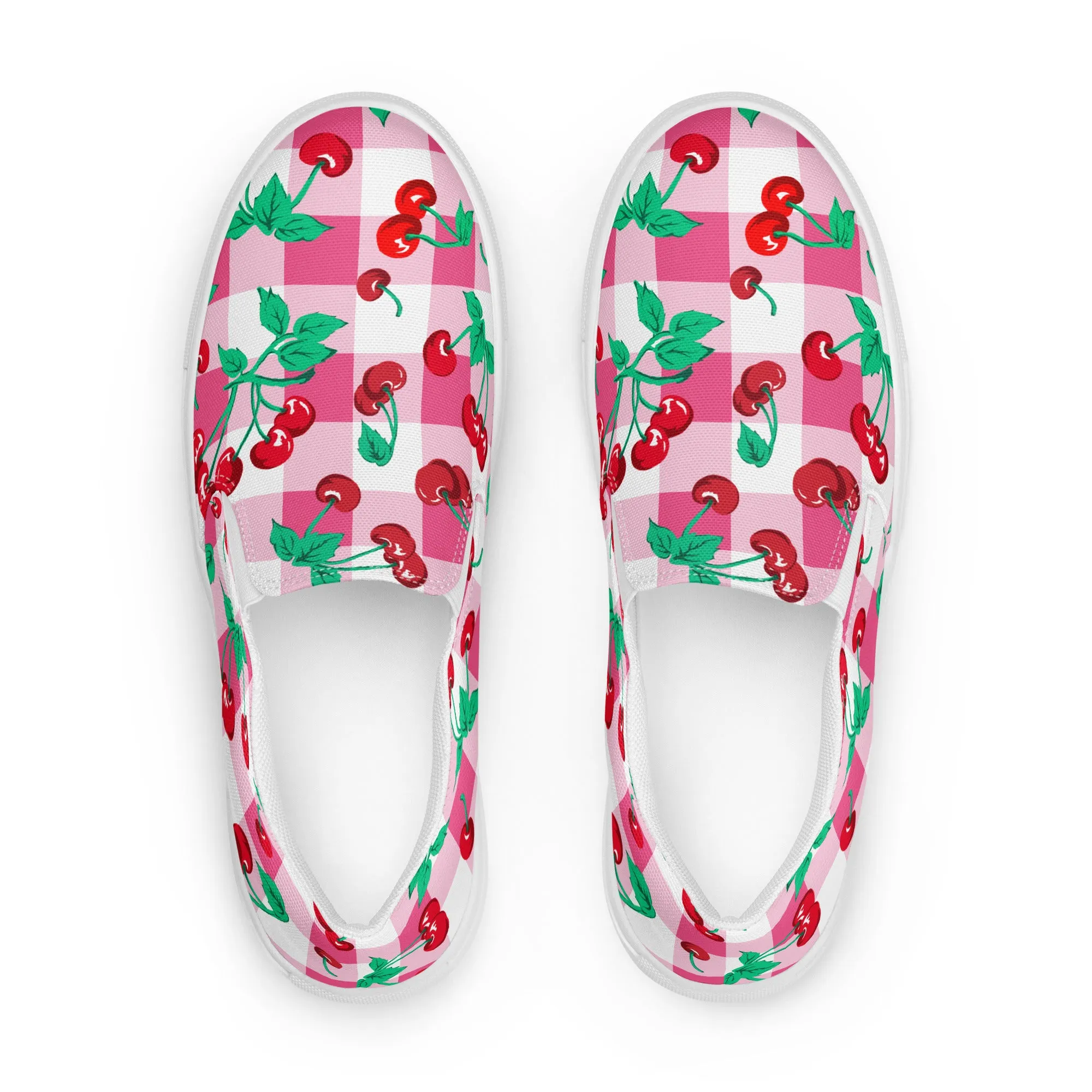 Pink Gingham Cherry Girl Women’s Canvas Slip-on Deck Shoes | Pinup Couture Relaxed