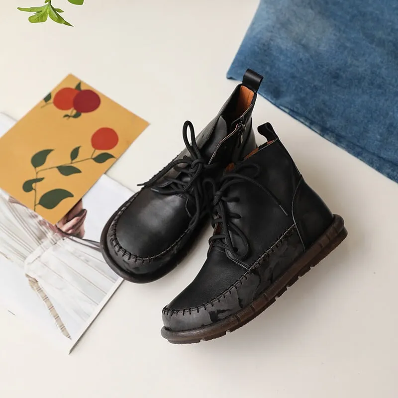 Retro Cowhide Colour Blocking Lace Up Boots For Women Round Toe Soft Short Boots in Black/Coffee