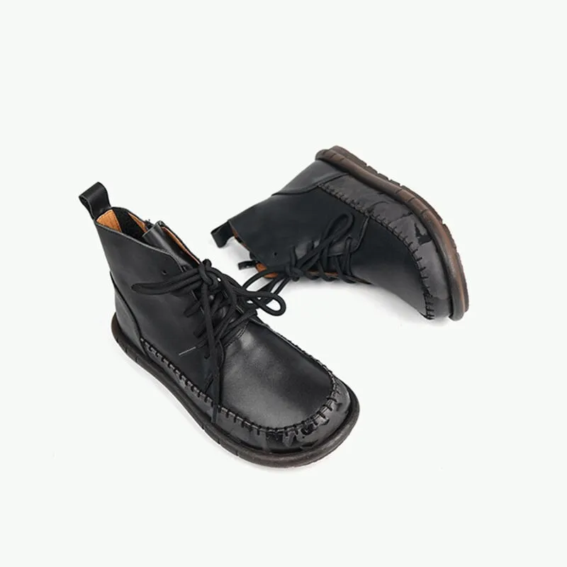 Retro Cowhide Colour Blocking Lace Up Boots For Women Round Toe Soft Short Boots in Black/Coffee