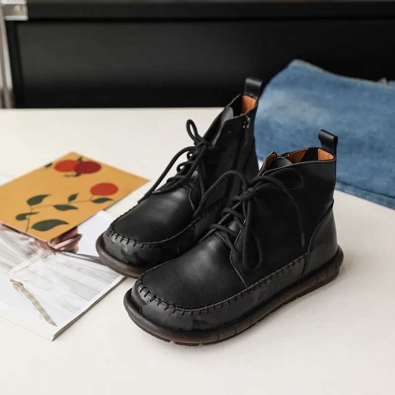 Retro Cowhide Colour Blocking Lace Up Boots For Women Round Toe Soft Short Boots in Black/Coffee