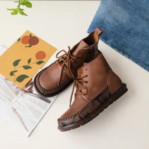 Retro Cowhide Colour Blocking Lace Up Boots For Women Round Toe Soft Short Boots in Black/Coffee