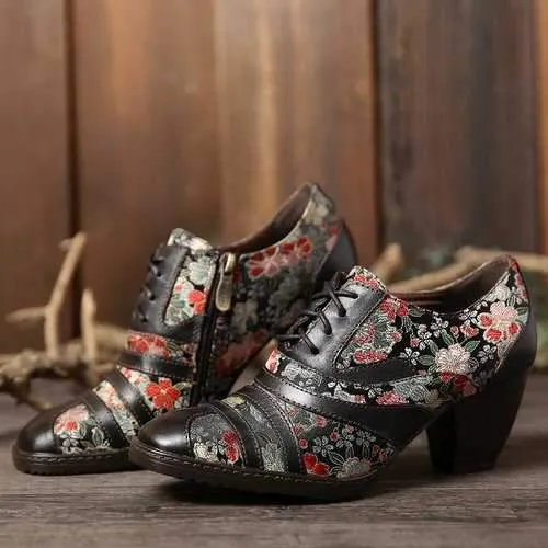 Retro Flower Low Heel Pumps