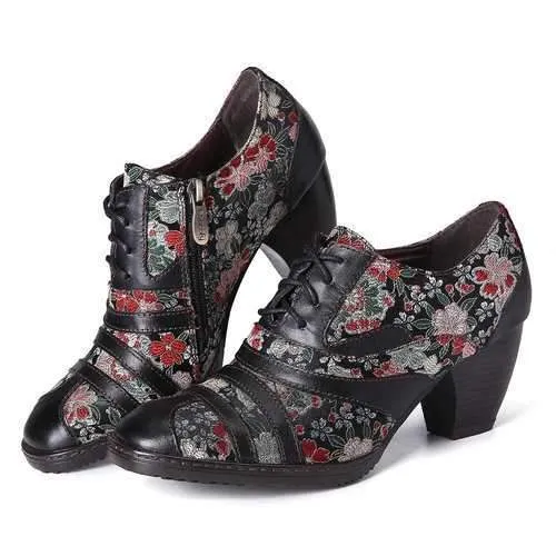 Retro Flower Low Heel Pumps