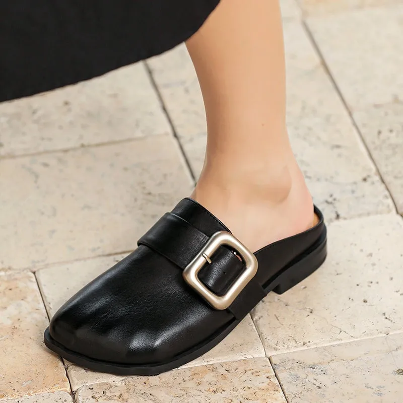 Retro Leather Mules Summer Slippers with Buckle Handmade Slide Sandals in Coffee/Black