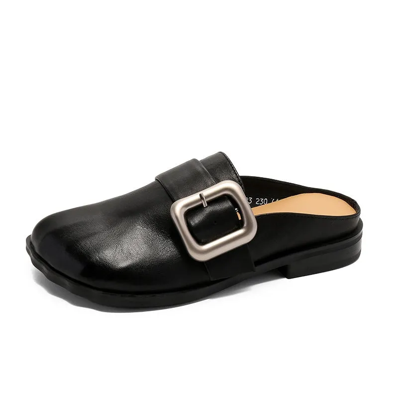 Retro Leather Mules Summer Slippers with Buckle Handmade Slide Sandals in Coffee/Black