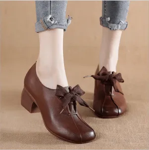 Retro Leather Shoes Handmade Square Toe Chunky Heel For Women Brown/Black