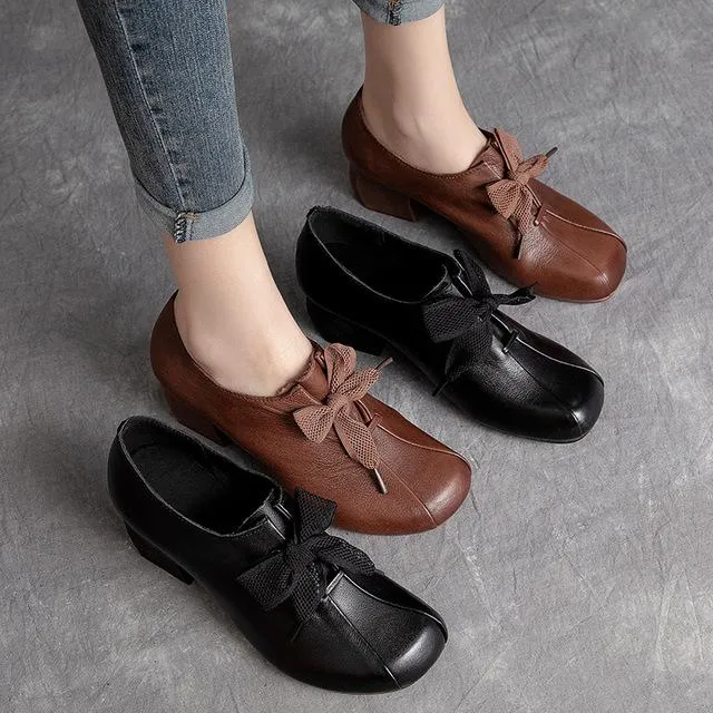 Retro Leather Shoes Handmade Square Toe Chunky Heel For Women Brown/Black