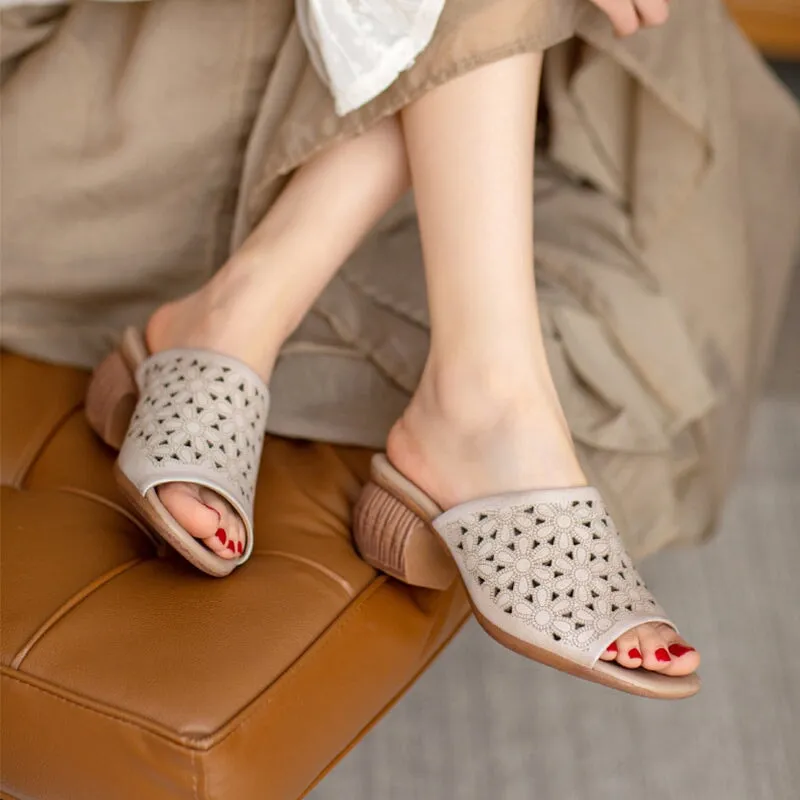 Retro Leather Summer Slippers Handmade Slide Sandals Carving Design Brown/Beige