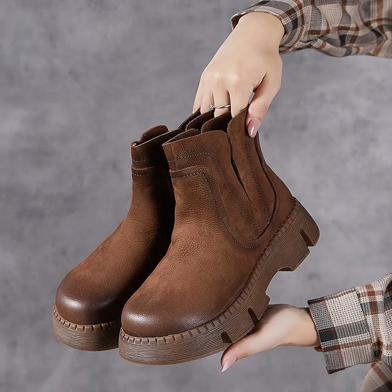 Retro Style Women's Handmade Chunky Chelsea Boots in Brown/Coffee