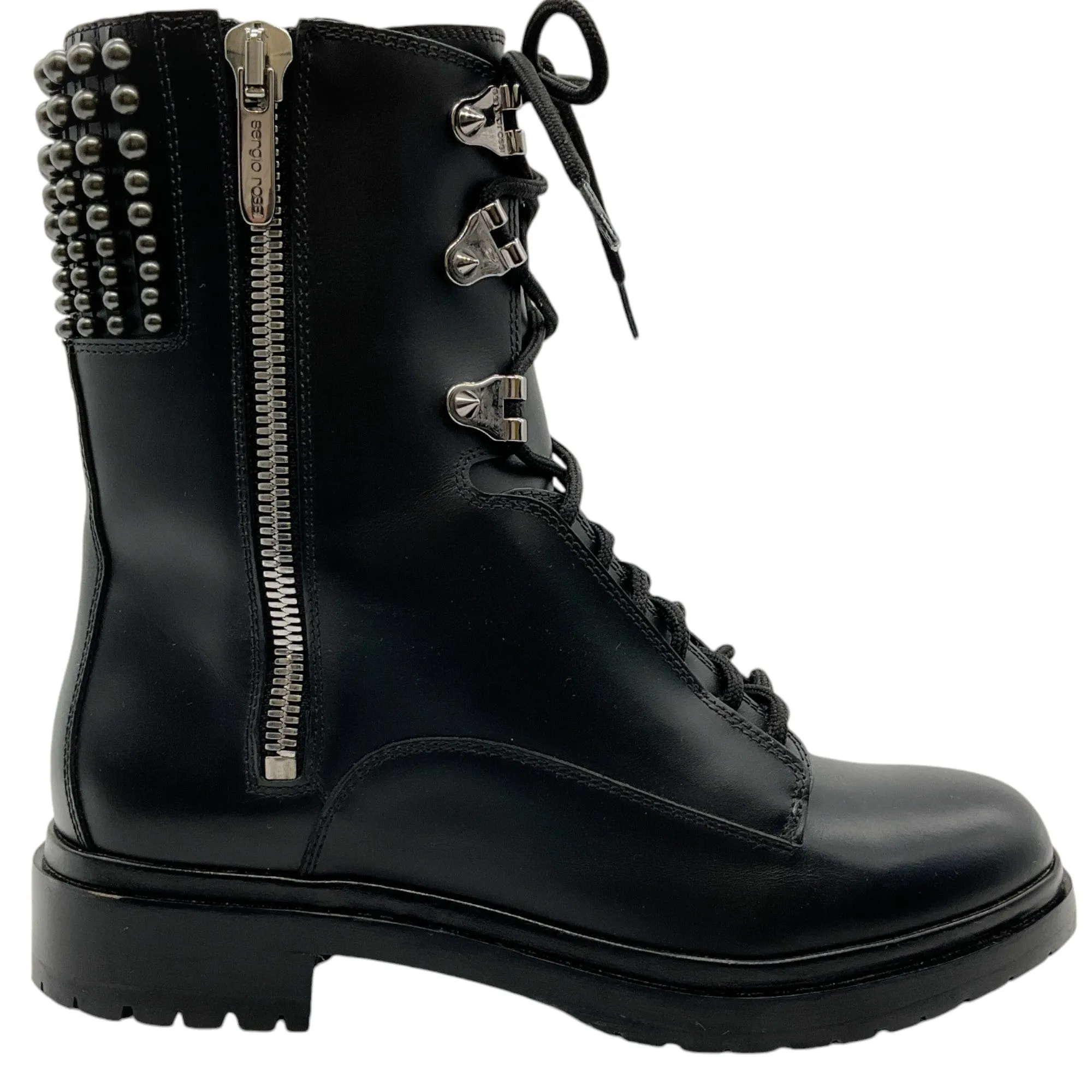 Sergio Rossi Black Leather Studded Lace Up Combat Boots