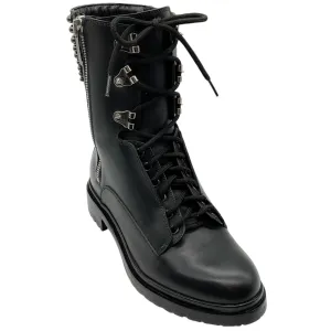 Sergio Rossi Black Leather Studded Lace Up Combat Boots