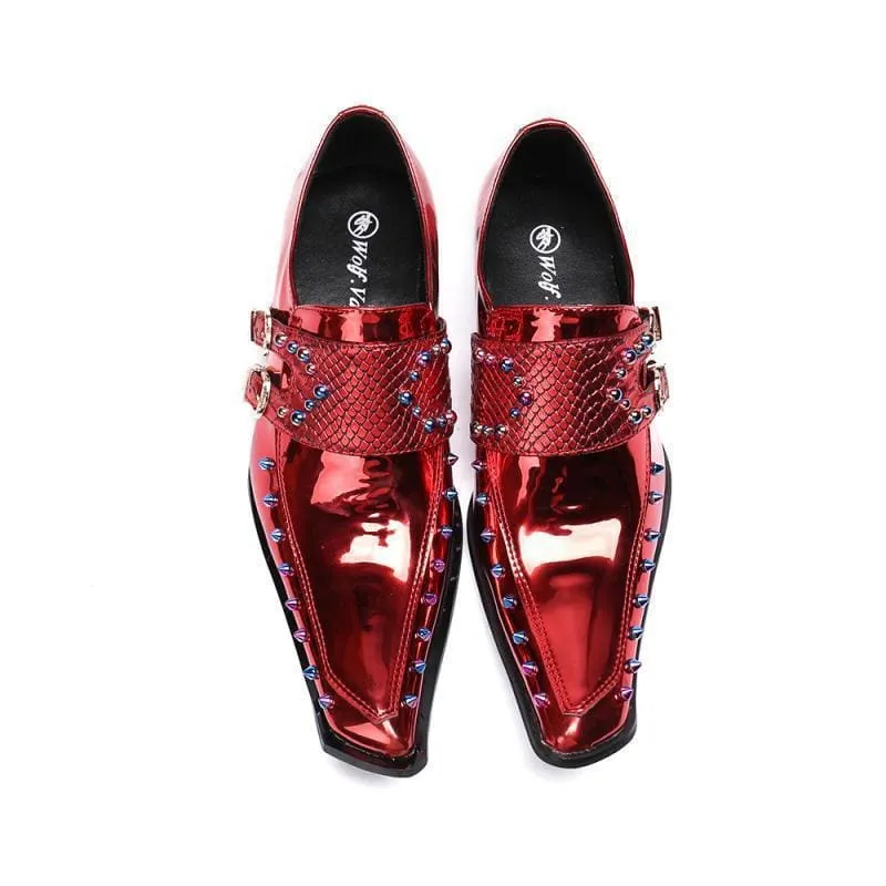 Shiny Red Pointed Patent Embossed Leather Men’s Shoes