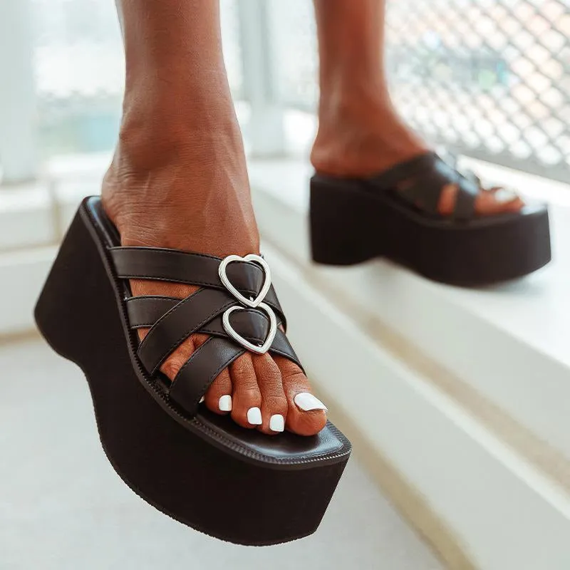 Slope Heel Thick Soled Love Decorative Buckle Sandals