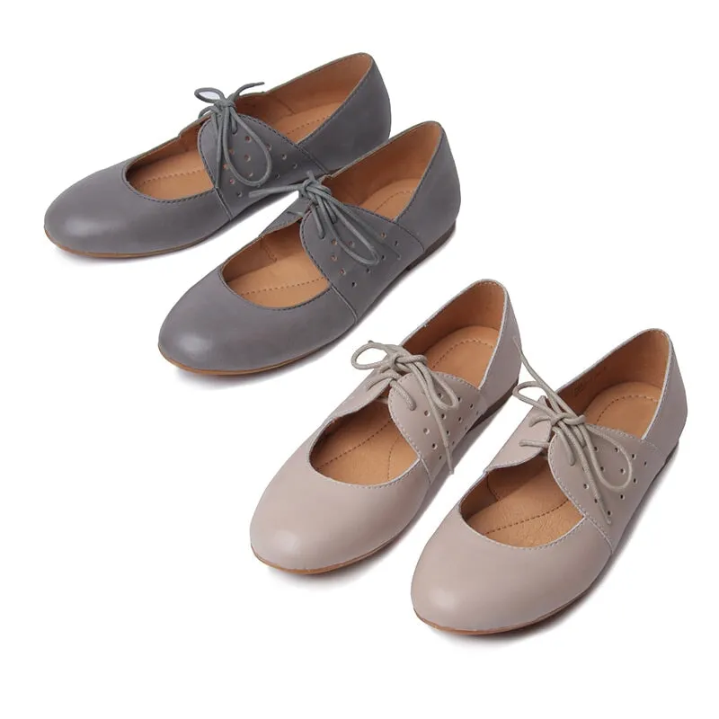 Soft Leather Lace Up Mary Jane Flats Oxfords Handmade in Black/Nude/Brown/Grey