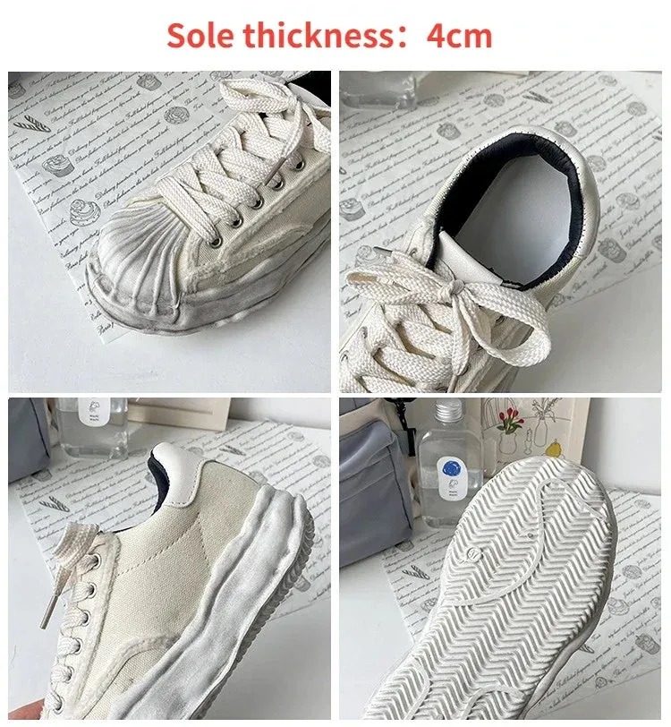 Sohiwoo Women's Canvas Sneakers Dirty Shoes New Student Canvas Thick Dissolving Heels White Shoes Lace Up Sports Shoes for Women