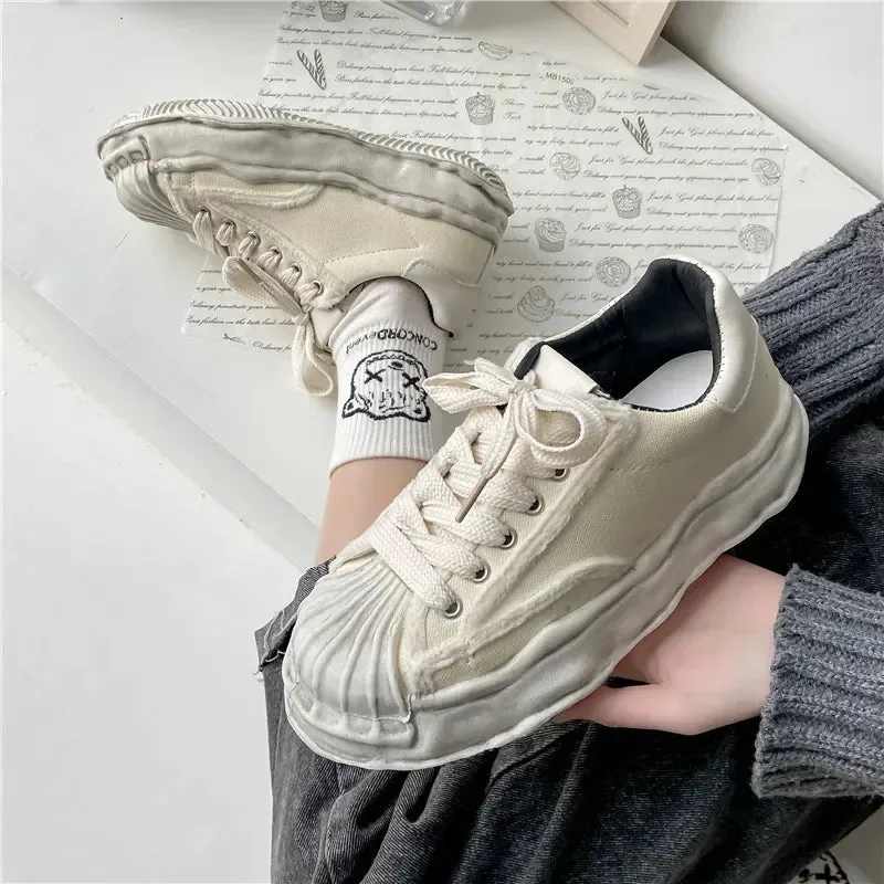 Sohiwoo Women's Canvas Sneakers Dirty Shoes New Student Canvas Thick Dissolving Heels White Shoes Lace Up Sports Shoes for Women