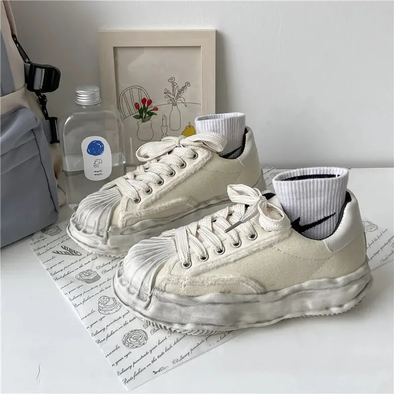 Sohiwoo Women's Canvas Sneakers Dirty Shoes New Student Canvas Thick Dissolving Heels White Shoes Lace Up Sports Shoes for Women