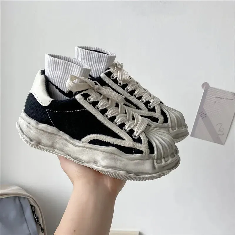 Sohiwoo Women's Canvas Sneakers Dirty Shoes New Student Canvas Thick Dissolving Heels White Shoes Lace Up Sports Shoes for Women