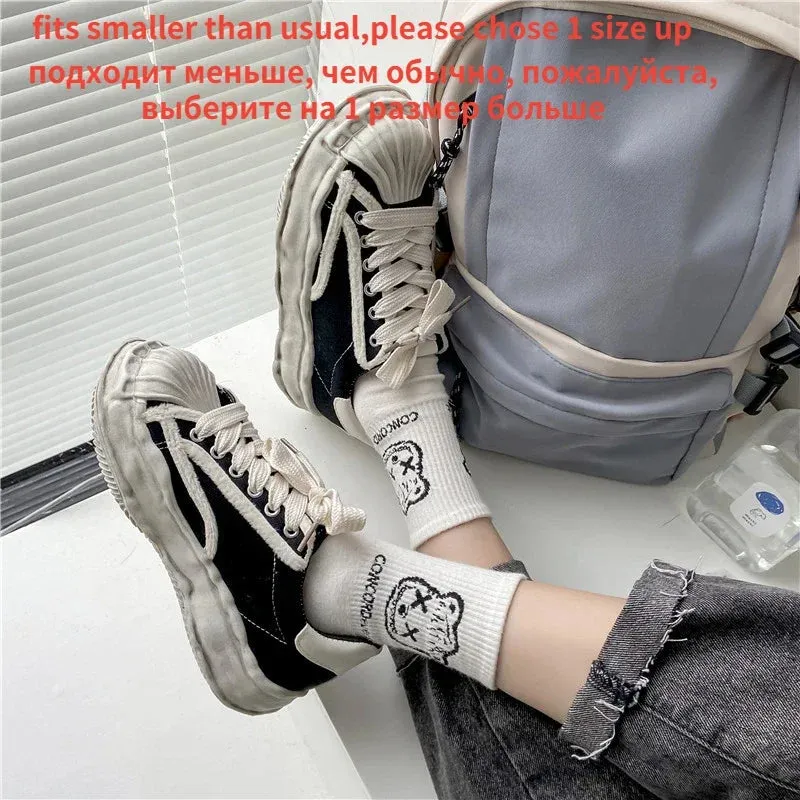 Sohiwoo Women's Canvas Sneakers Dirty Shoes New Student Canvas Thick Dissolving Heels White Shoes Lace Up Sports Shoes for Women