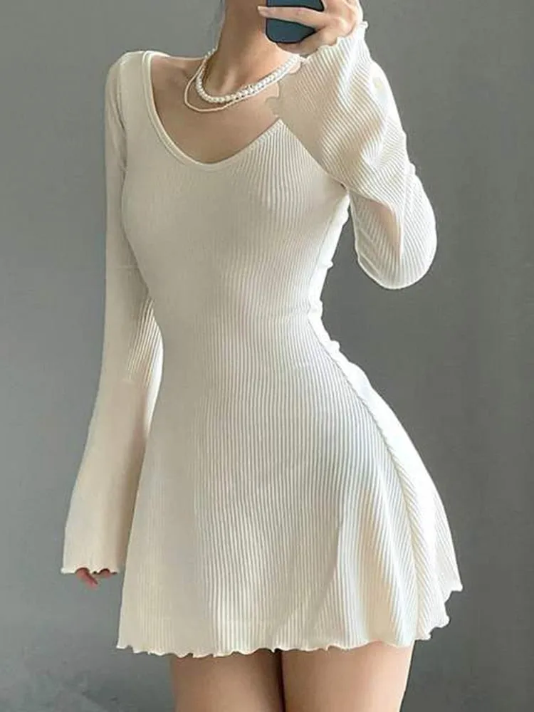 Solid Color Knit V-Neck Dress /Elegant Simplicity