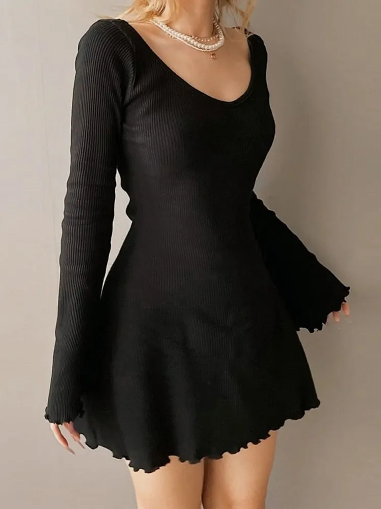 Solid Color Knit V-Neck Dress /Elegant Simplicity