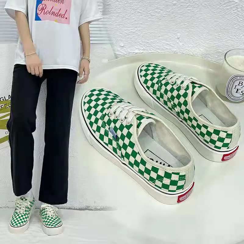 Spring Female Korean Style Chessboard Plaid Canvas Shoes