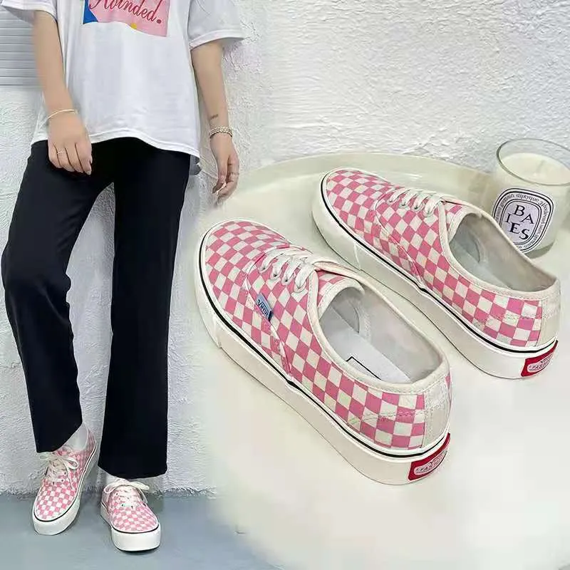 Spring Female Korean Style Chessboard Plaid Canvas Shoes