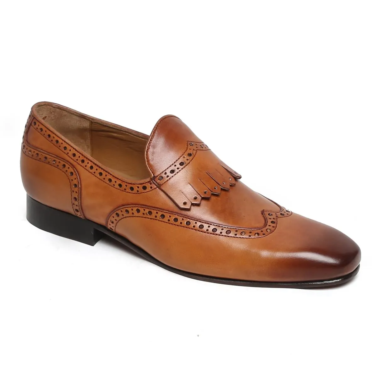 Tan Wingtip Brogue Fringes Leather Slip On By Brune & BARESKIN