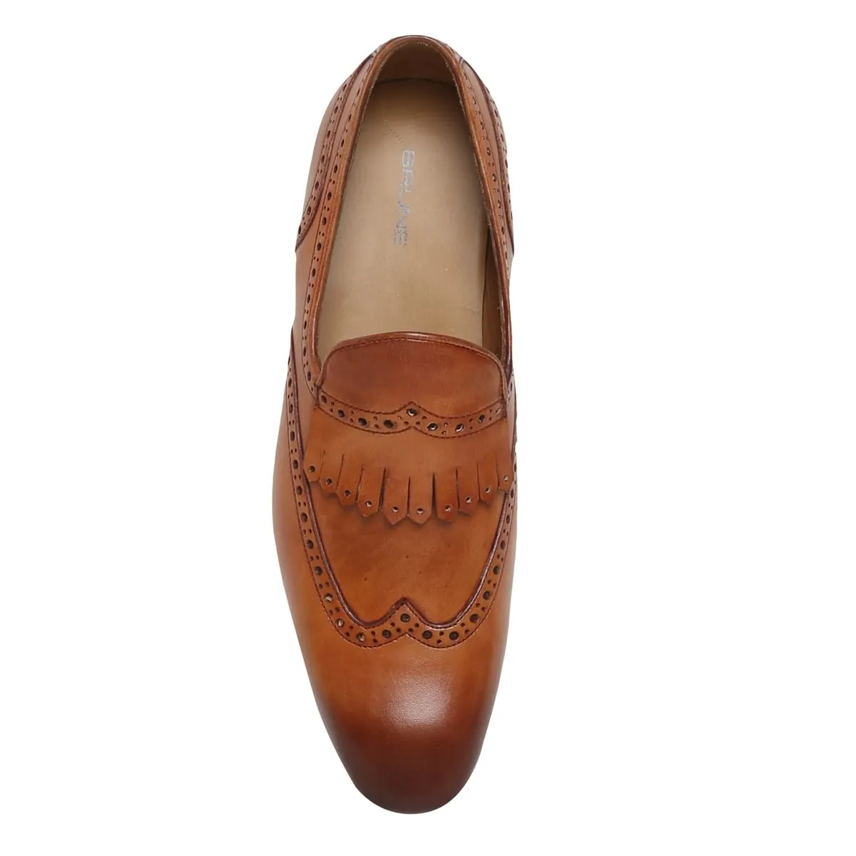 Tan Wingtip Brogue Fringes Leather Slip On By Brune & BARESKIN