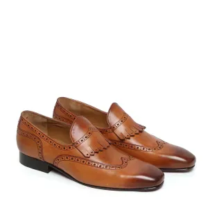 Tan Wingtip Brogue Fringes Leather Slip On By Brune & BARESKIN