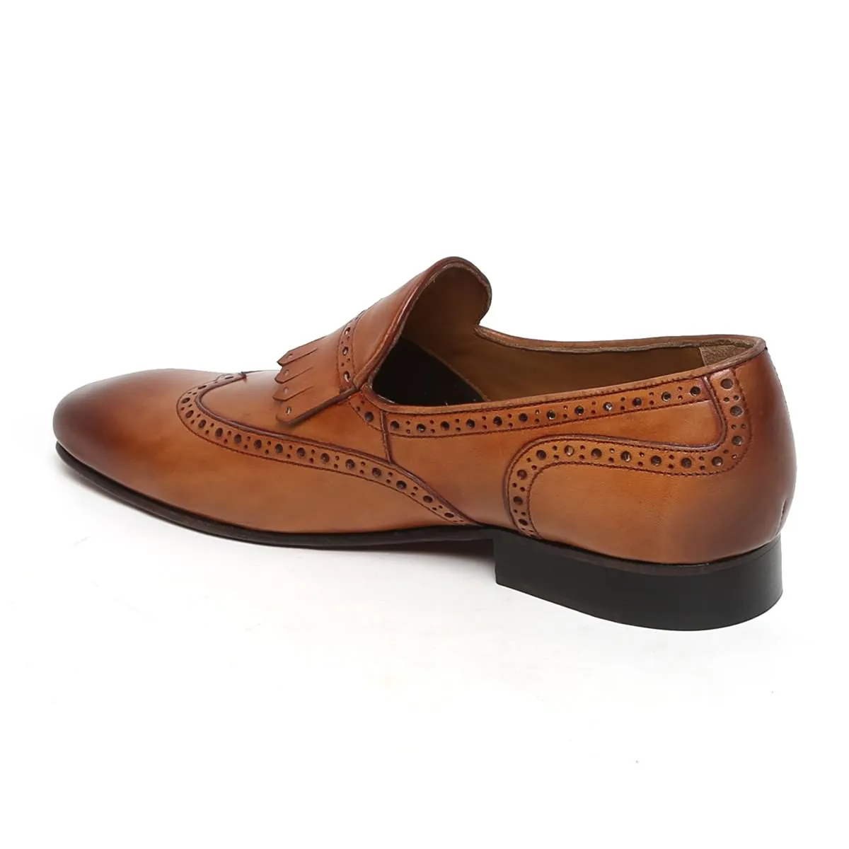 Tan Wingtip Brogue Fringes Leather Slip On By Brune & BARESKIN