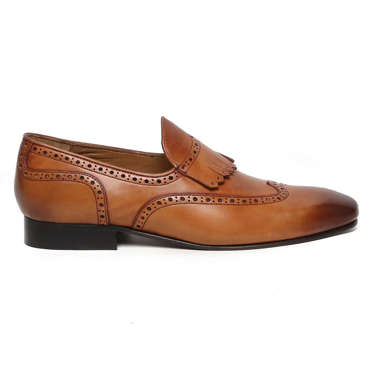 Tan Wingtip Brogue Fringes Leather Slip On By Brune & BARESKIN