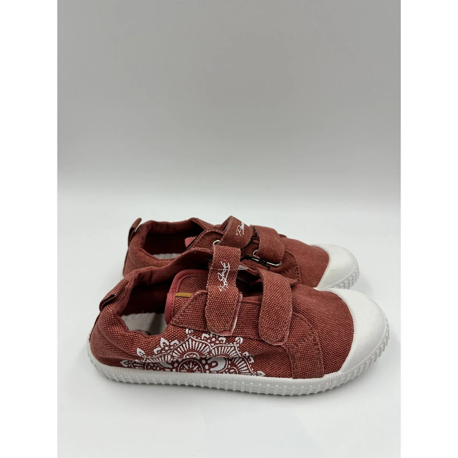 Toddler Size 4, Red/Brown Canvas Fashion Sneaker with Straps and Flower Design