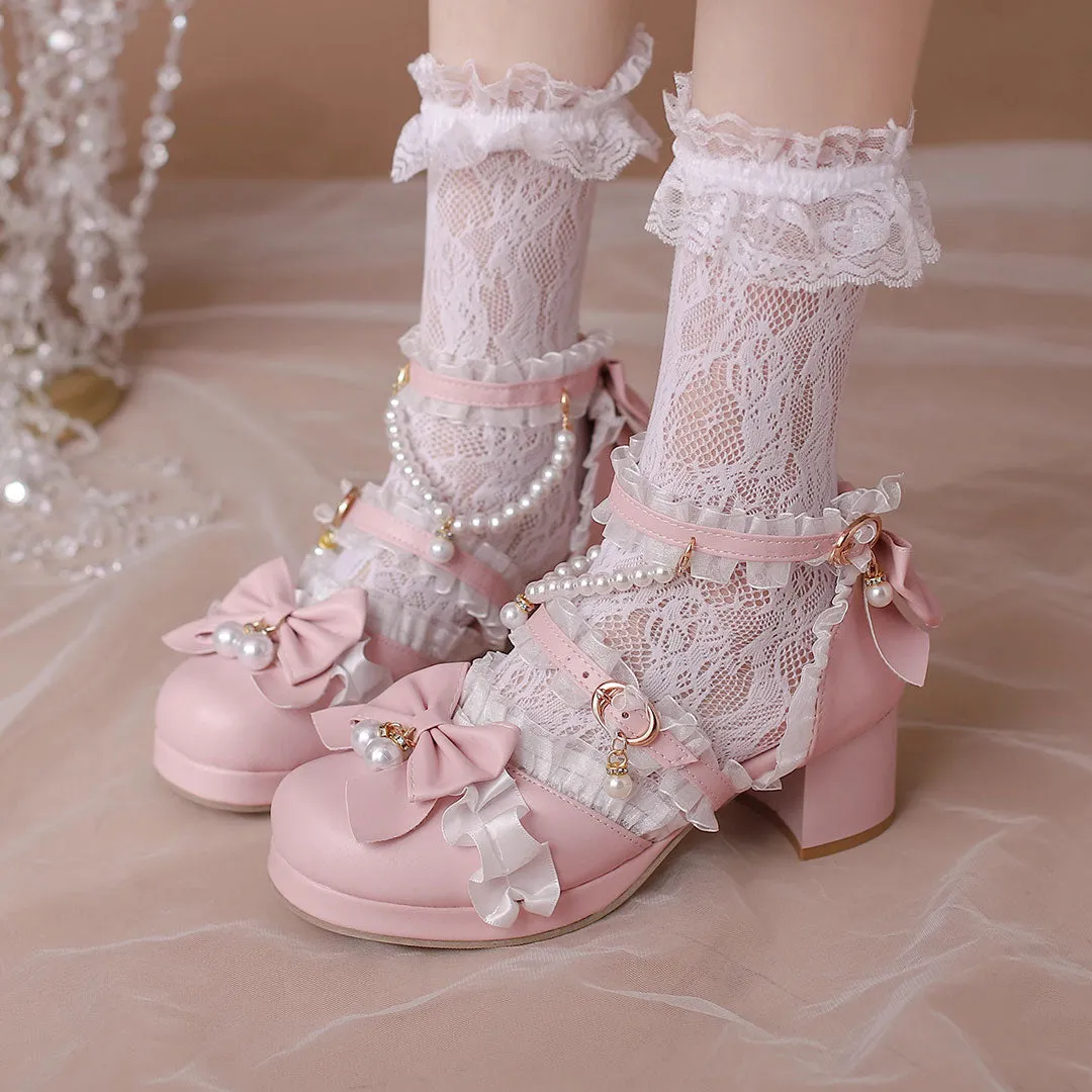 Uniwim Lolita Bow Beaded Lace Heels Shoes SE22865