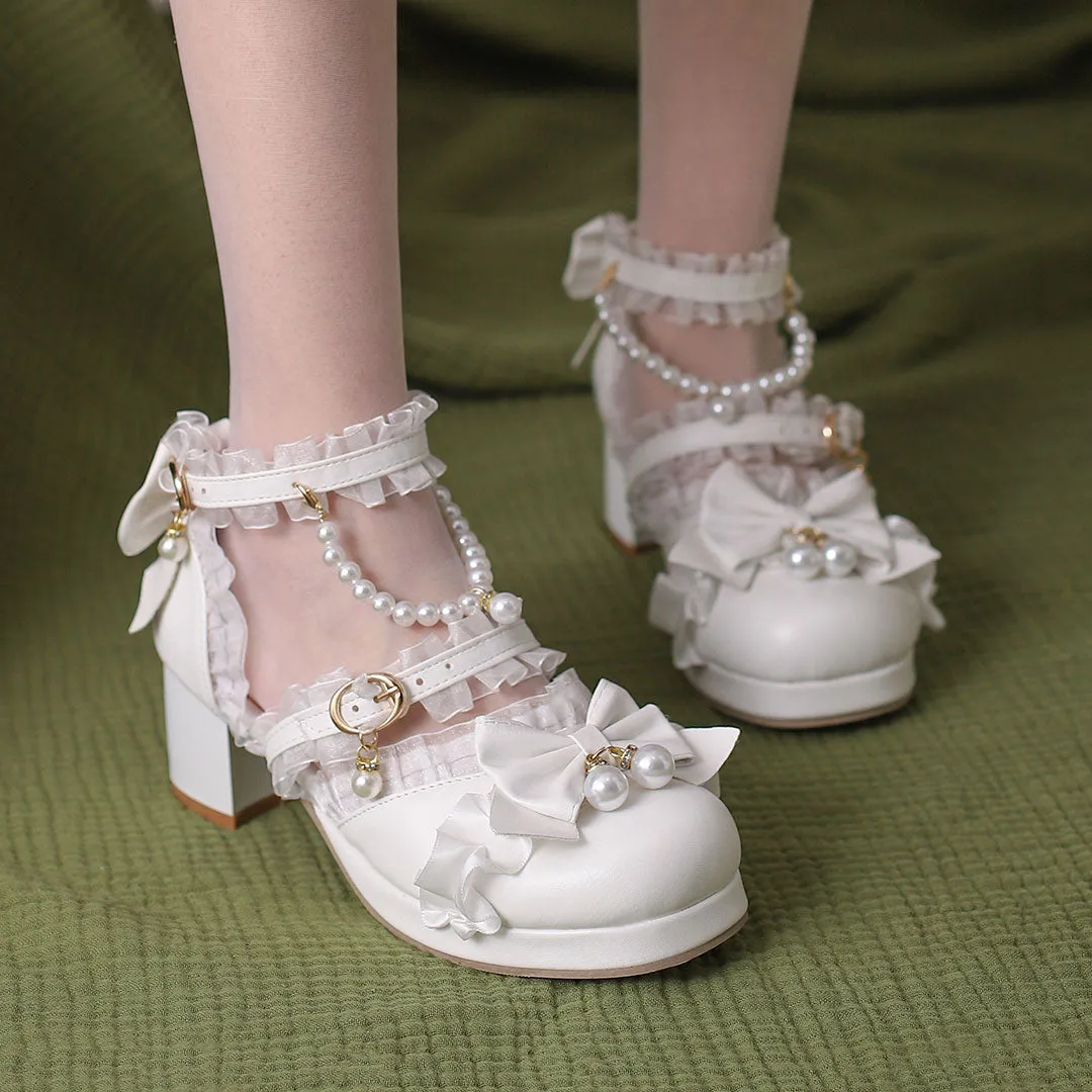 Uniwim Lolita Bow Beaded Lace Heels Shoes SE22865