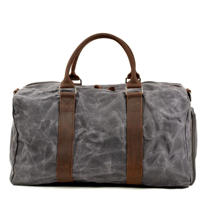 Waxed Canvas Leather Travel Bag Duffle Bag Weekender Bag with Shoe Pouch