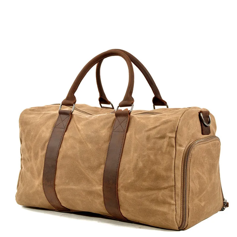 Waxed Canvas Leather Travel Bag Duffle Bag Weekender Bag with Shoe Pouch