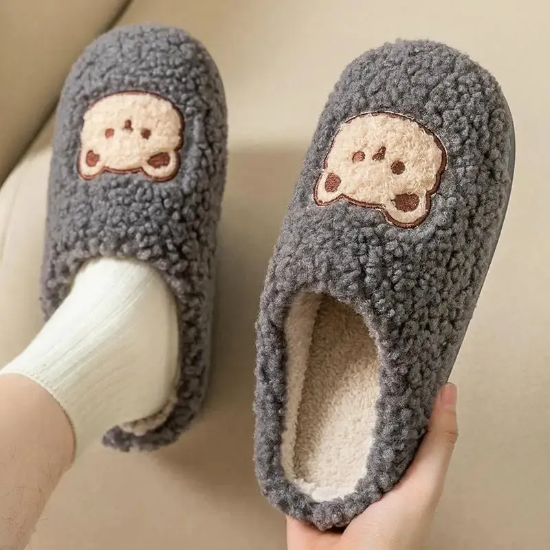 WDZKN Fashion Winter Women Home Slippers Cute Cartoon Flat Non-Slip Furry Fur Warm Slippers Ladies Indoor Bedroom Cotton Shoes