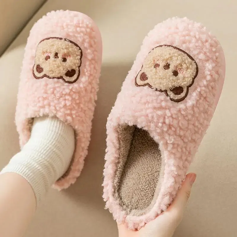 WDZKN Fashion Winter Women Home Slippers Cute Cartoon Flat Non-Slip Furry Fur Warm Slippers Ladies Indoor Bedroom Cotton Shoes