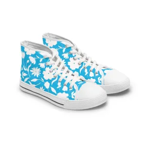 White Flowers and Blue Background Women's High Top Sneakers