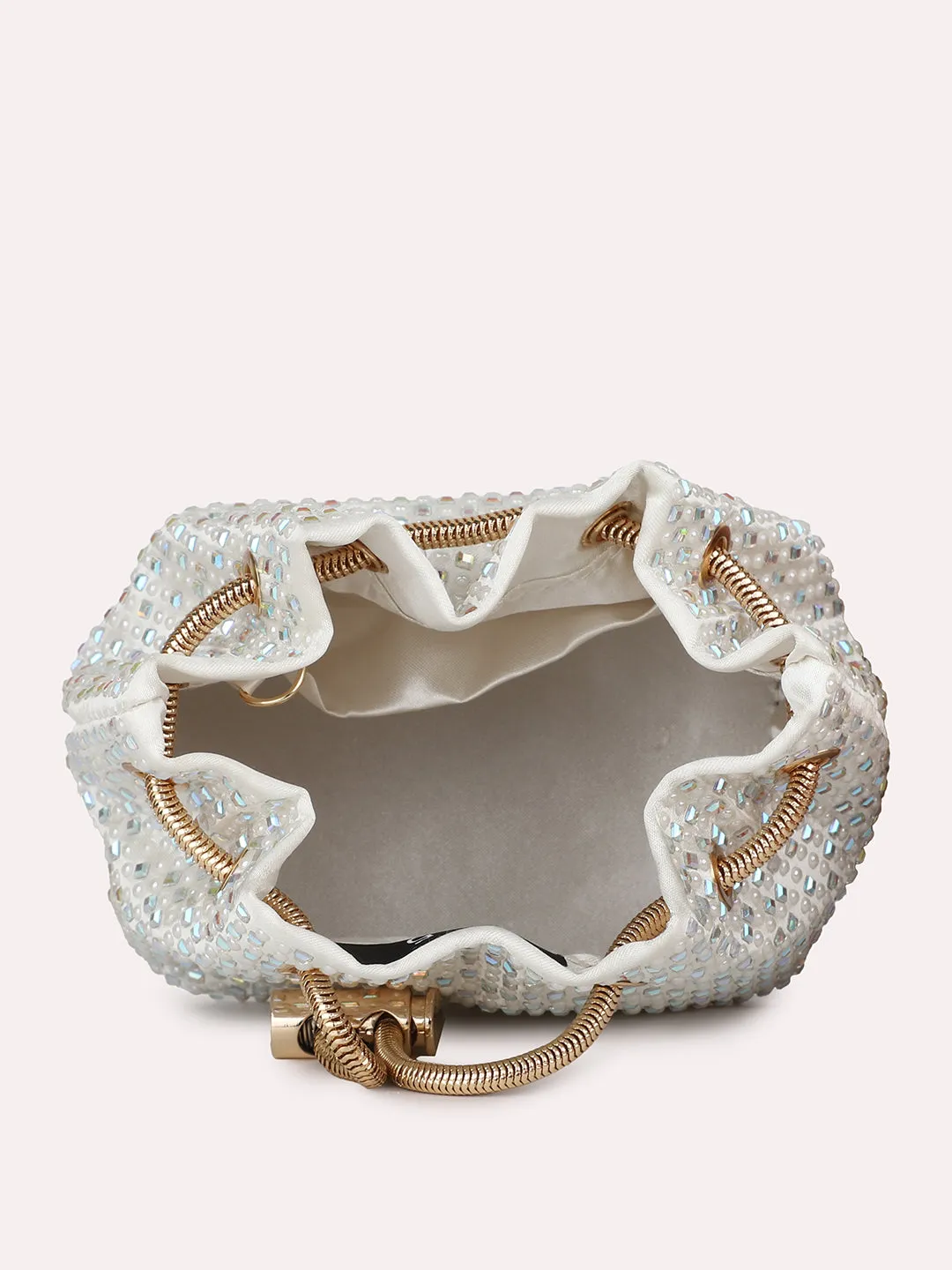 Women White Embellished Potli Clutch with Sling