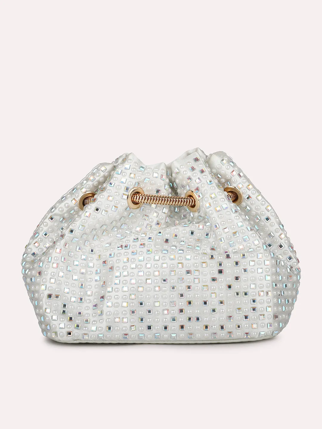 Women White Embellished Potli Clutch with Sling