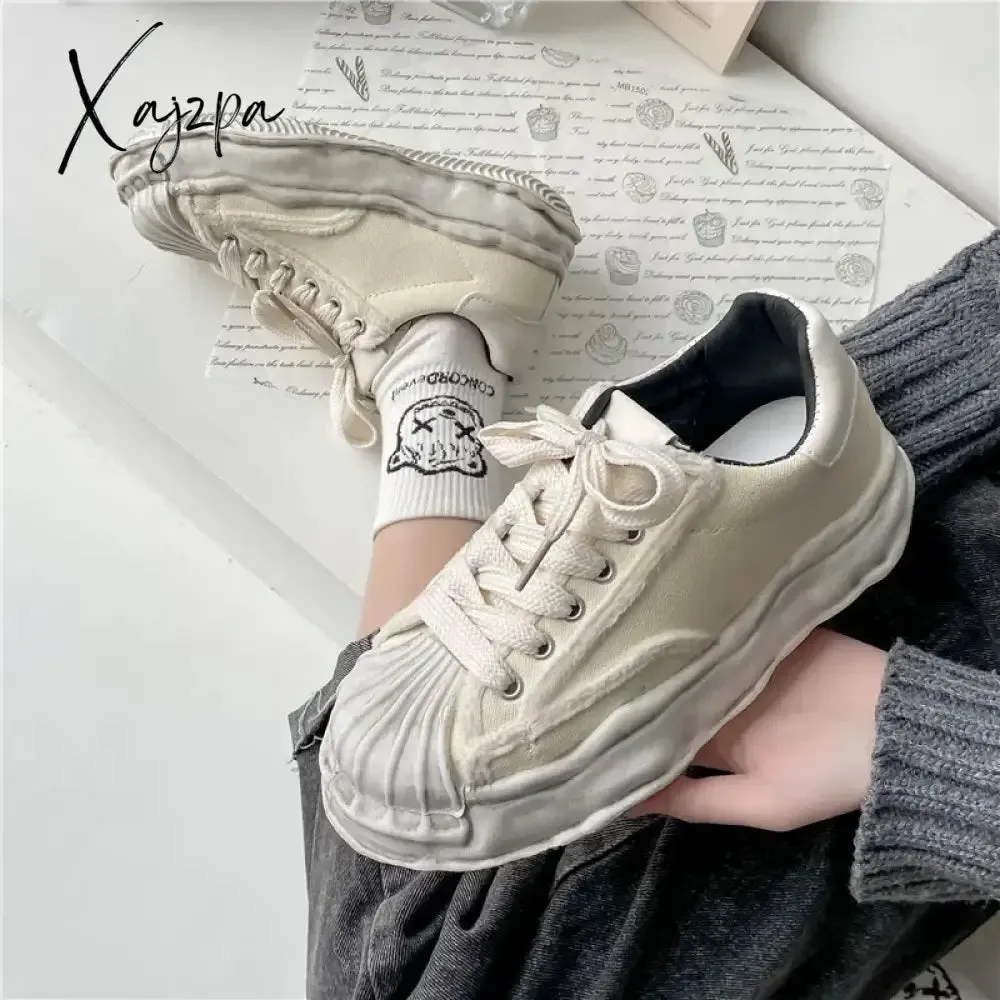 Women's Canvas Sneakers Dirty Shoes New Student Canvas Thick Dissolving Heels White Shoes Lace Up Sports Shoes for Women