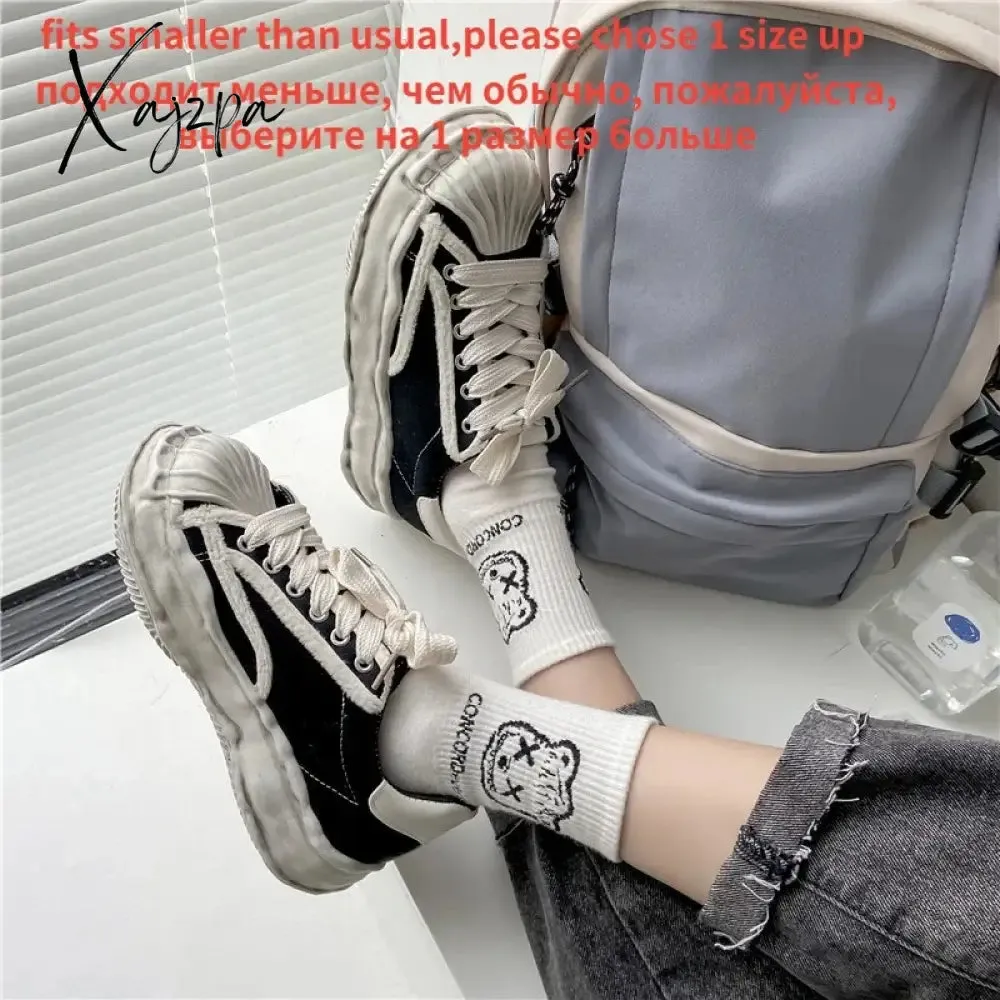 Women's Canvas Sneakers Dirty Shoes New Student Canvas Thick Dissolving Heels White Shoes Lace Up Sports Shoes for Women