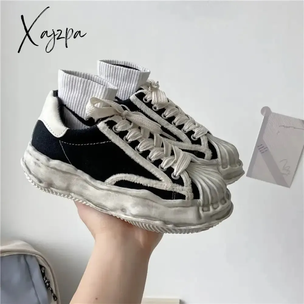 Women's Canvas Sneakers Dirty Shoes New Student Canvas Thick Dissolving Heels White Shoes Lace Up Sports Shoes for Women