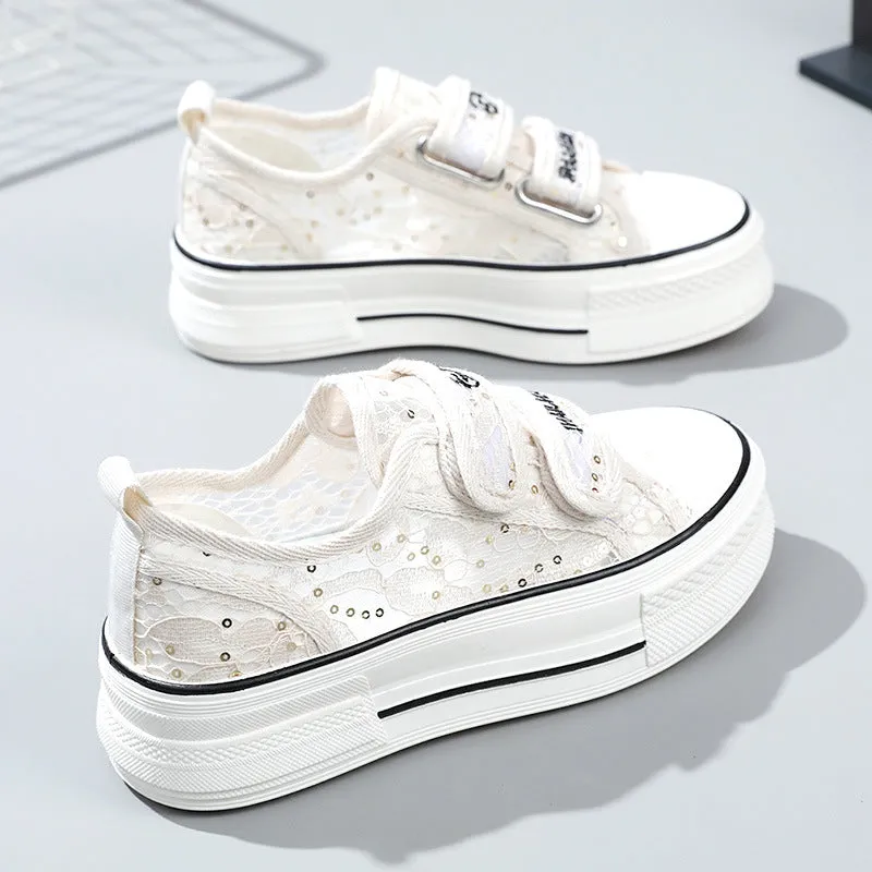 Women's Hollow Mesh Breathable Thick Bottom Height Increasing Canvas Shoes